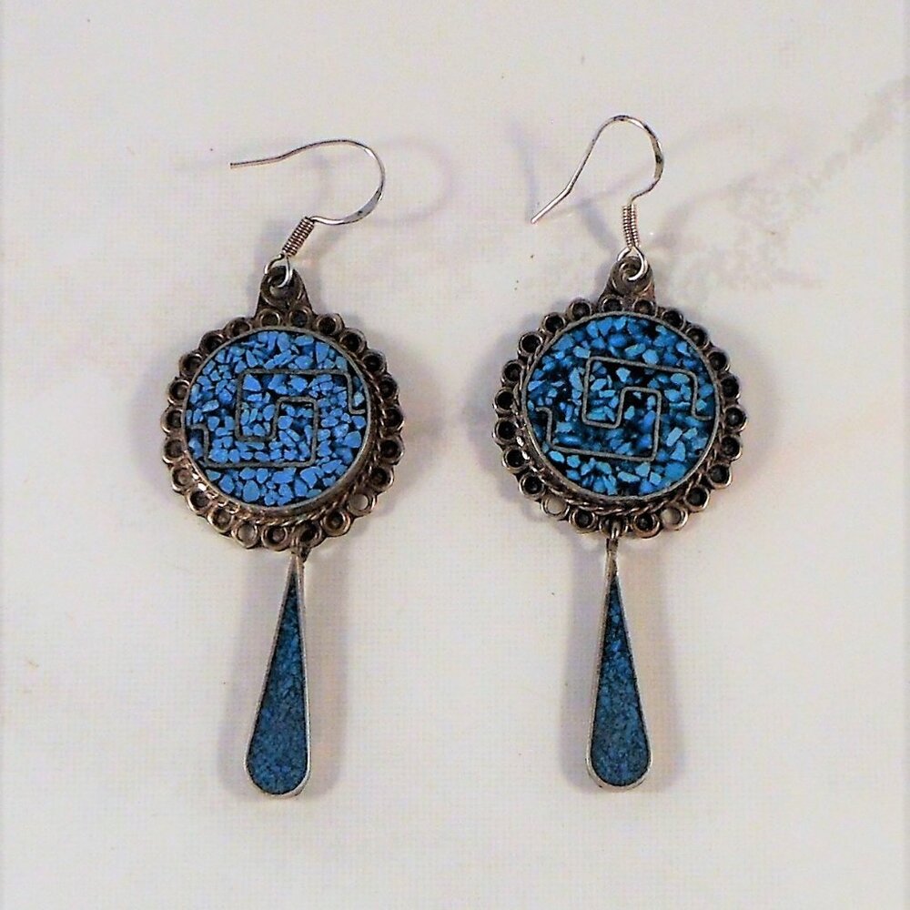 Sterling Silver Earrings With Turquoise Chip Inlay - Large Showy Tribal Boho